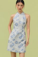 KYORI FLORAL JACQUARD HALTER MINI DRESS