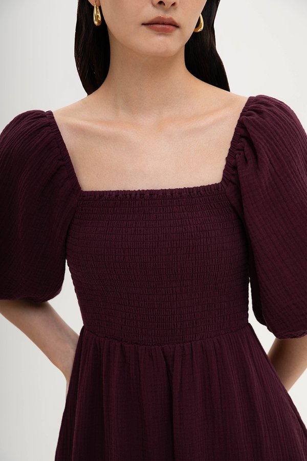 CASIE PUFF SLEEVE SMOCKED MIDI DRESS
