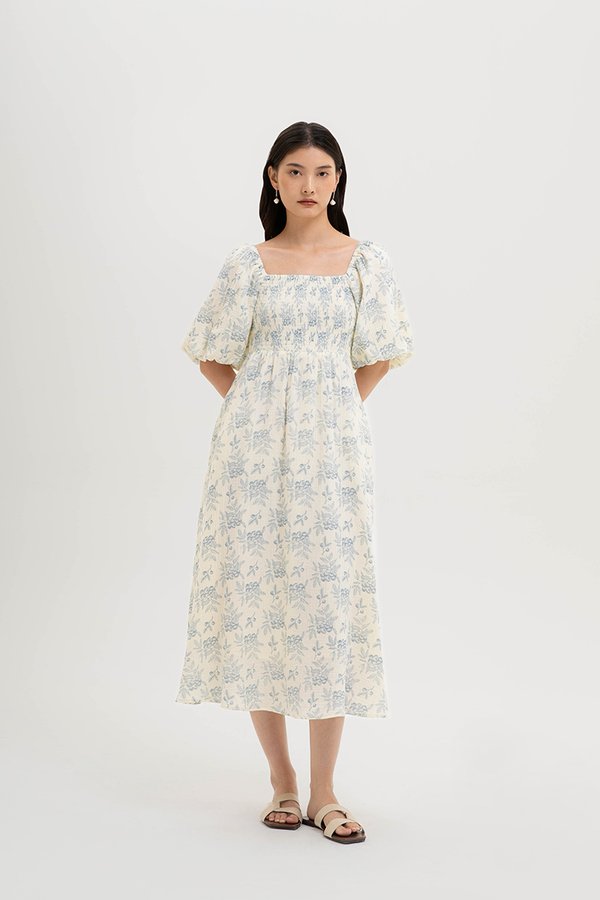 HARVEST PUFF SLEEVE SMOCKED MIDI DRESS
