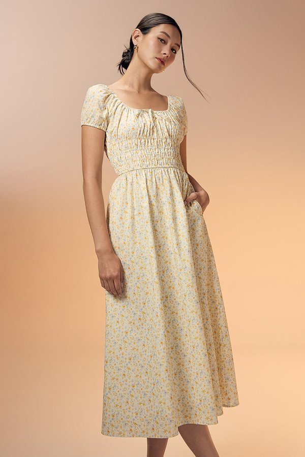 LYSSA FLORAL SMOCKED PUFF SLEEVES MIDI DRESS