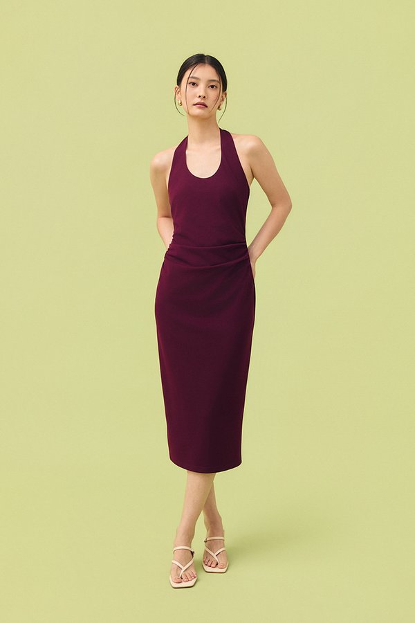 MARIANNA HALTER NECK RUCHED MIDI DRESS