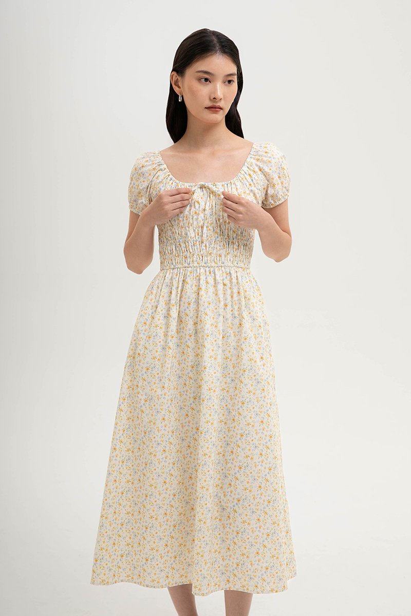 LYSSA FLORAL SMOCKED PUFF SLEEVES MIDI DRESS
