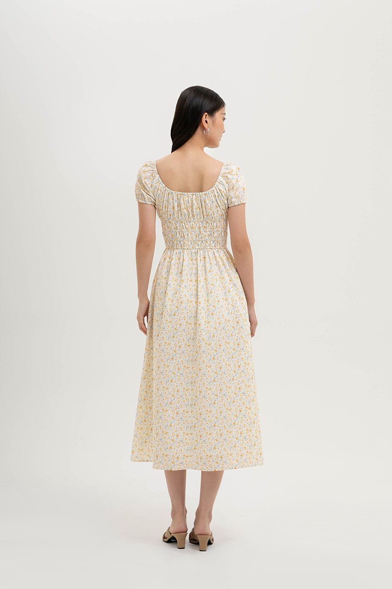 LYSSA FLORAL SMOCKED PUFF SLEEVES MIDI DRESS