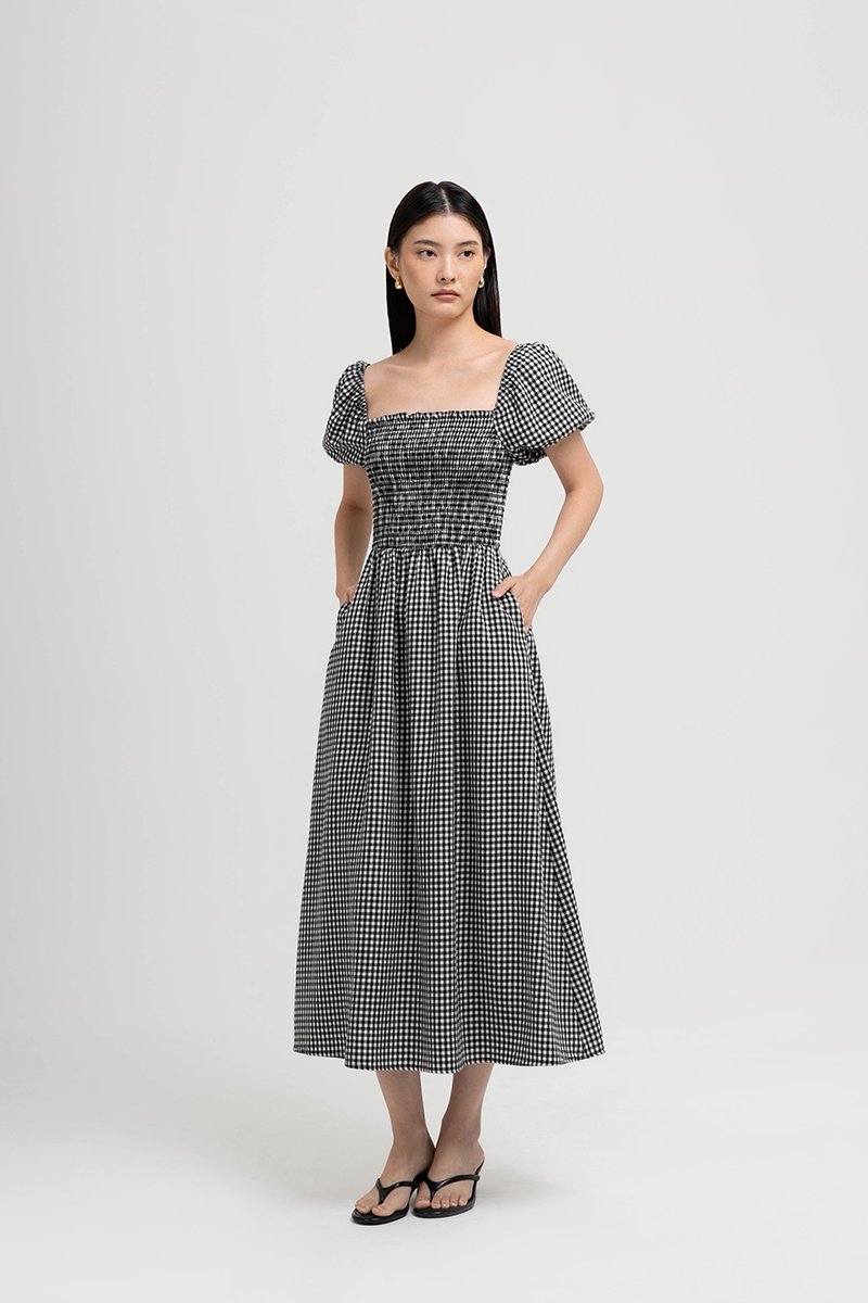 KELSEY SMOCKED PUFF SLEEVES GINGHAM DRESS