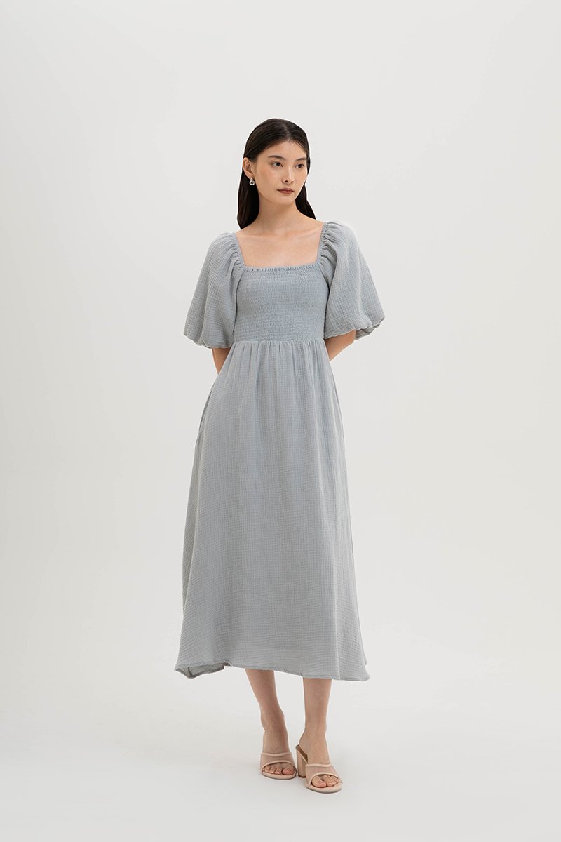 CASIE PUFF SLEEVE SMOCKED MIDI DRESS