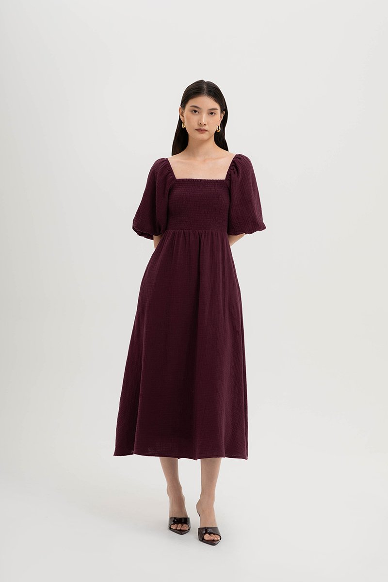 CASIE PUFF SLEEVE SMOCKED MIDI DRESS
