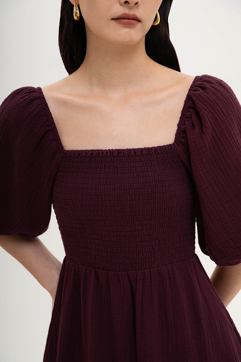 CASIE PUFF SLEEVE SMOCKED MIDI DRESS