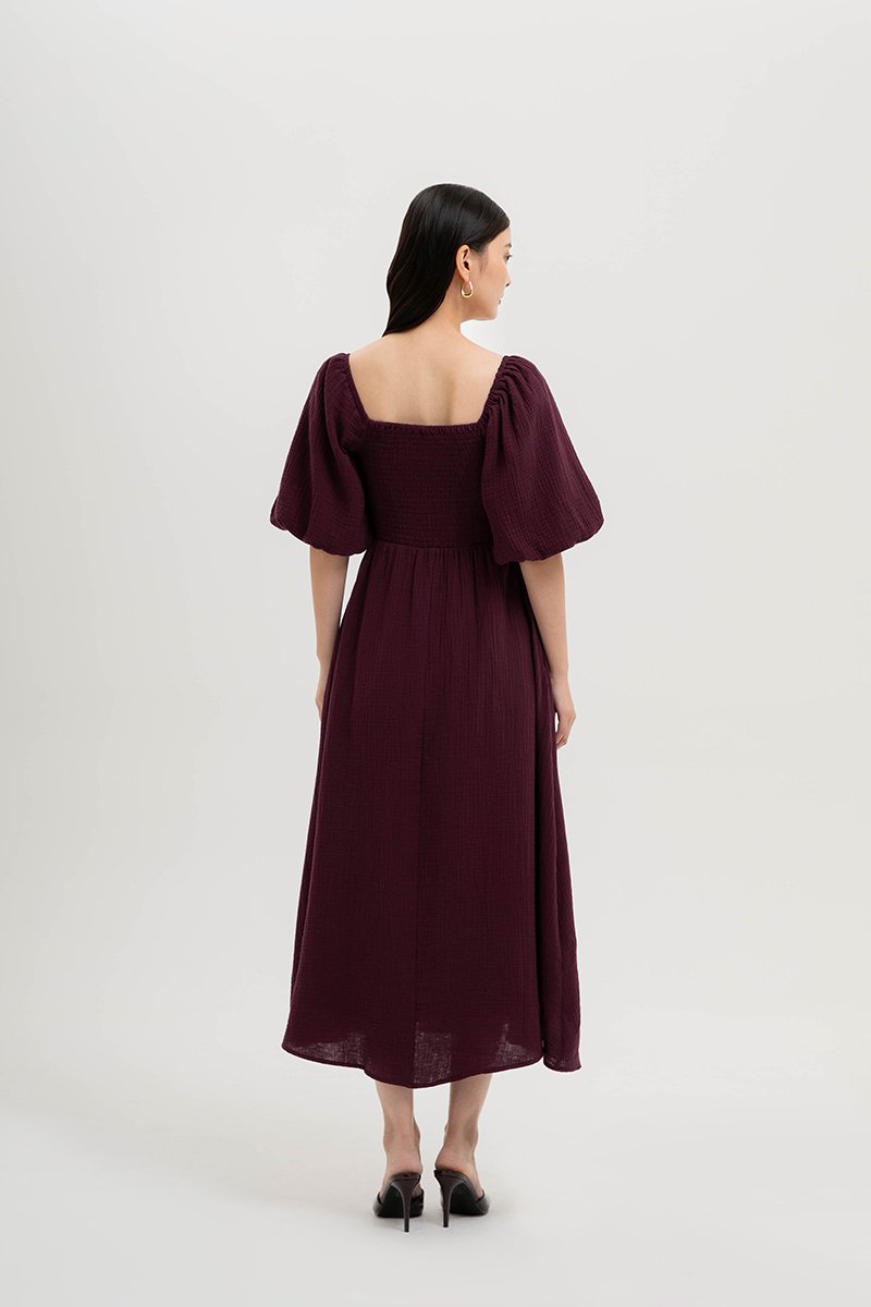 CASIE PUFF SLEEVE SMOCKED MIDI DRESS