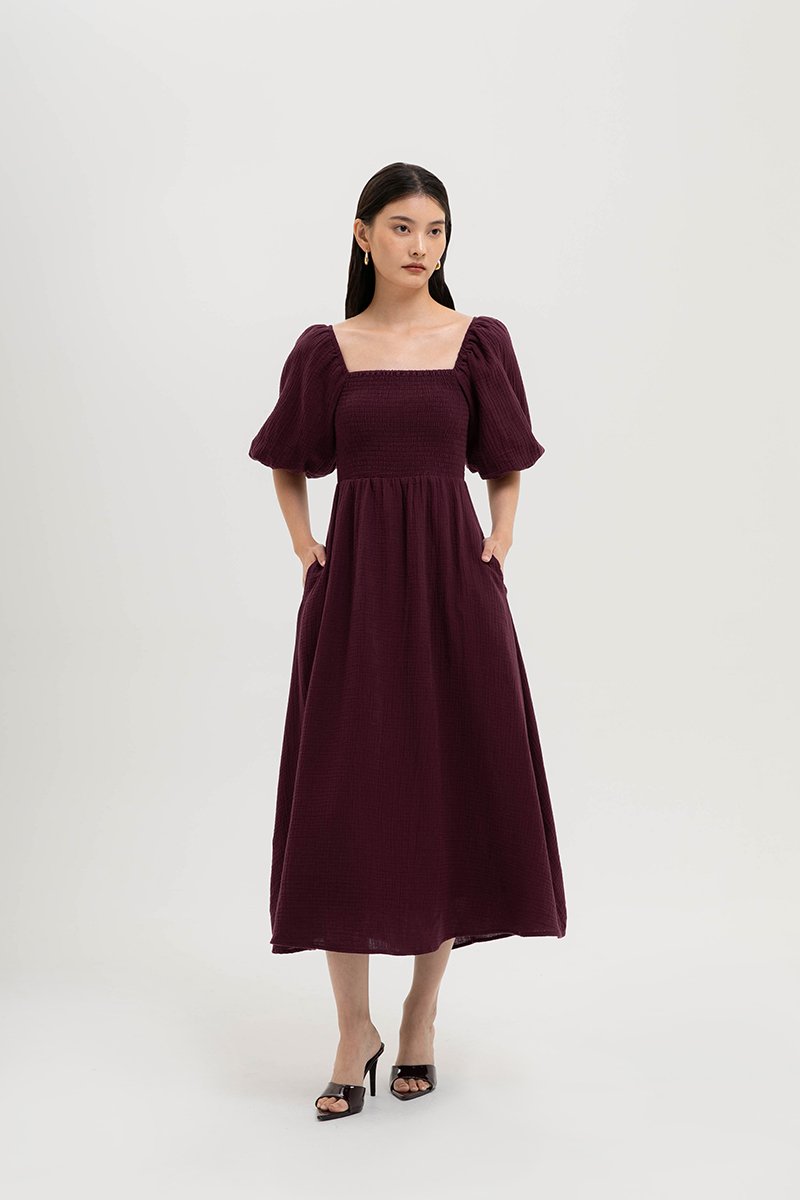 CASIE PUFF SLEEVE SMOCKED MIDI DRESS
