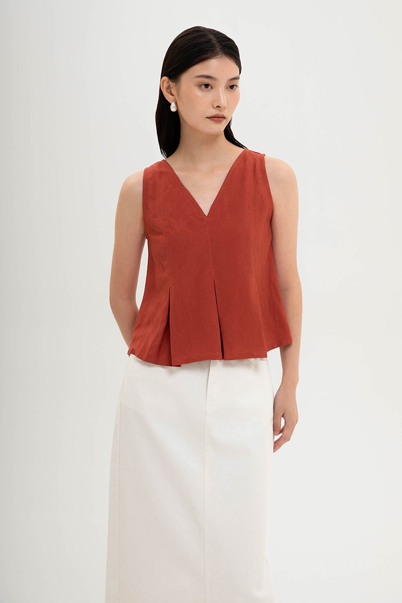 CARLINA PLEATED V NECK TOP