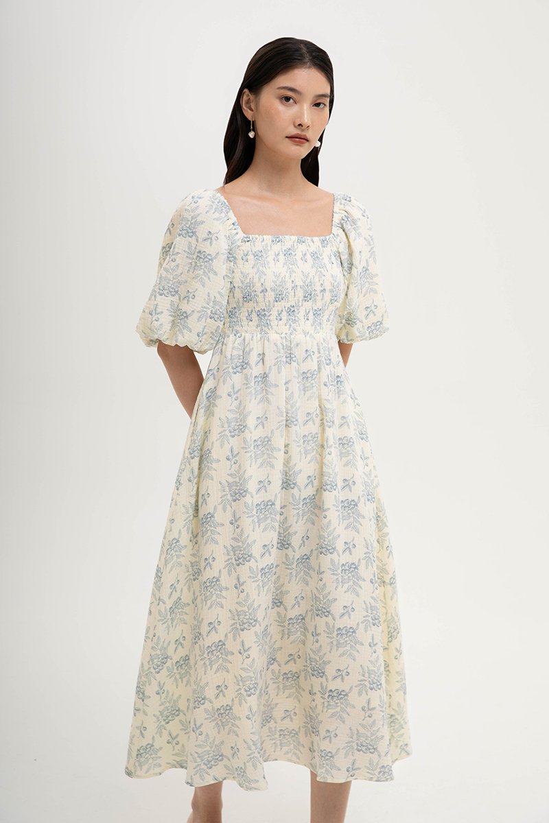HARVEST PUFF SLEEVE SMOCKED MIDI DRESS
