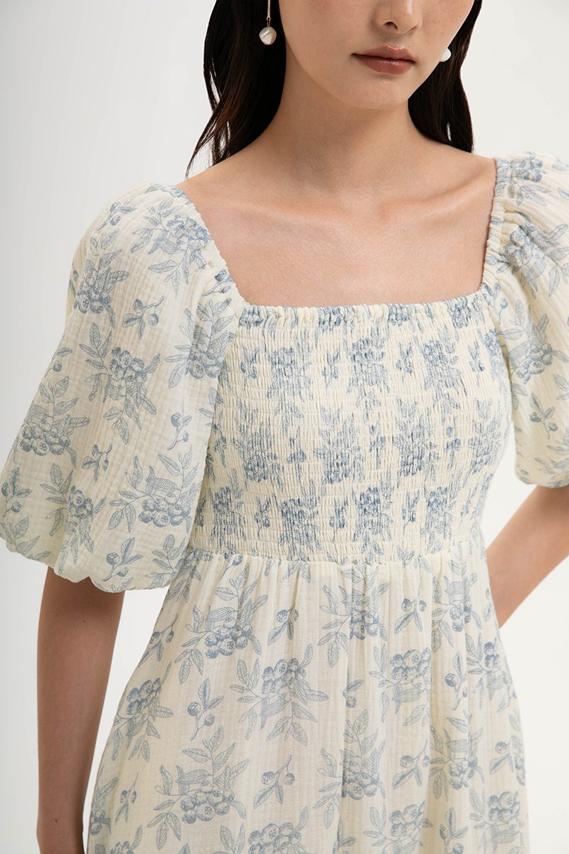 HARVEST PUFF SLEEVE SMOCKED MIDI DRESS