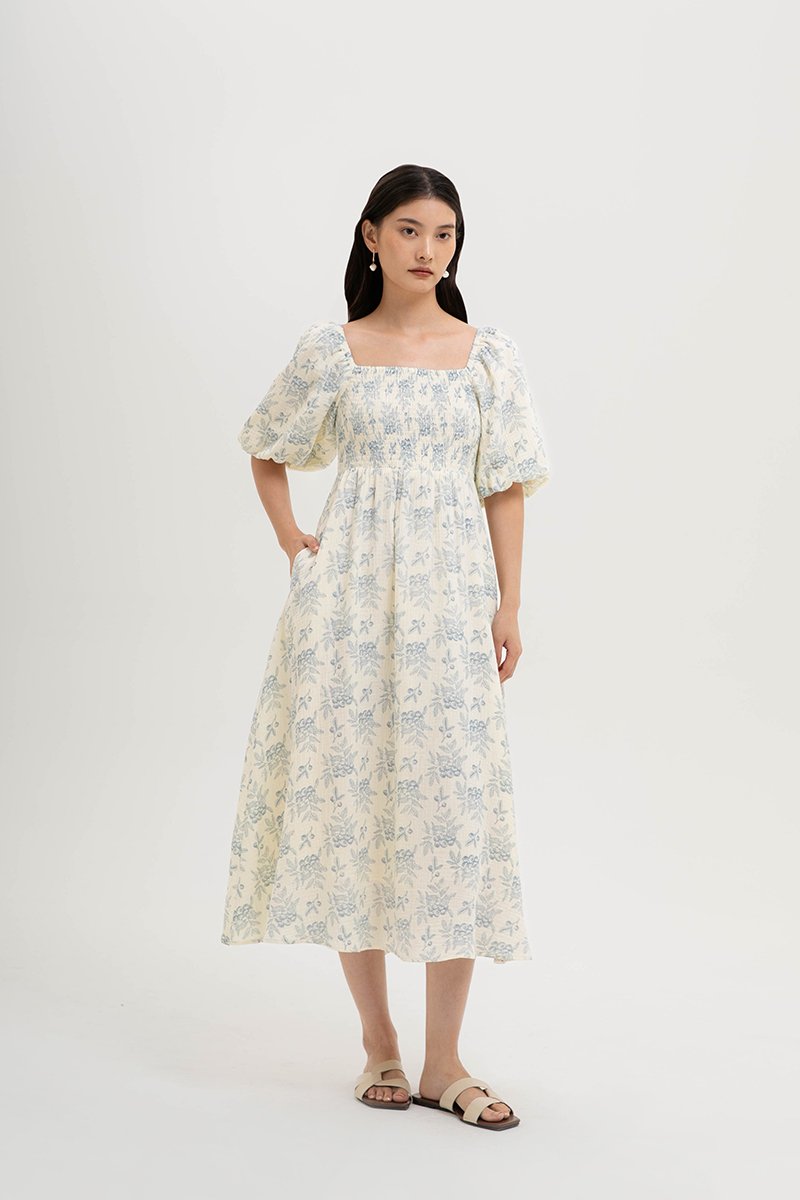HARVEST PUFF SLEEVE SMOCKED MIDI DRESS