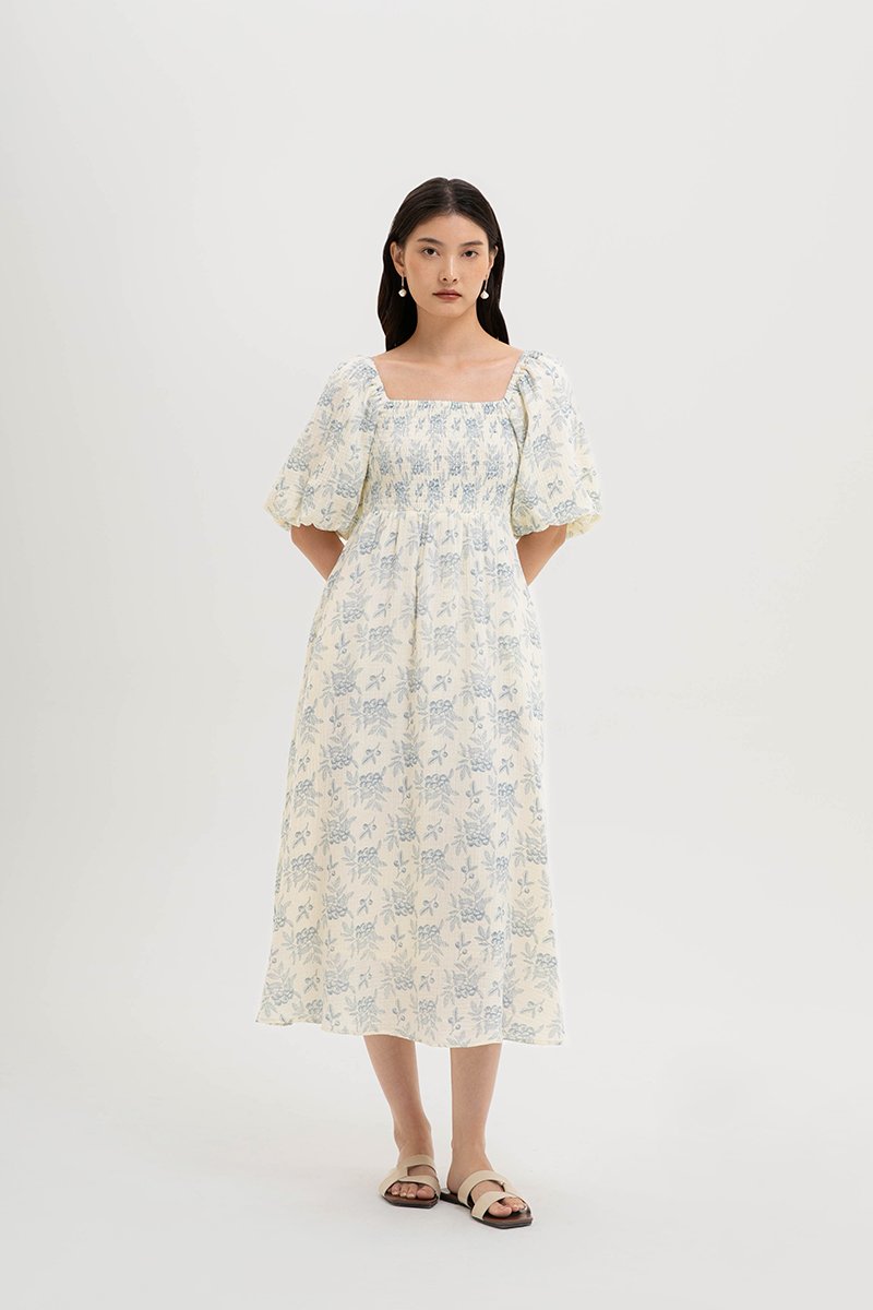HARVEST PUFF SLEEVE SMOCKED MIDI DRESS