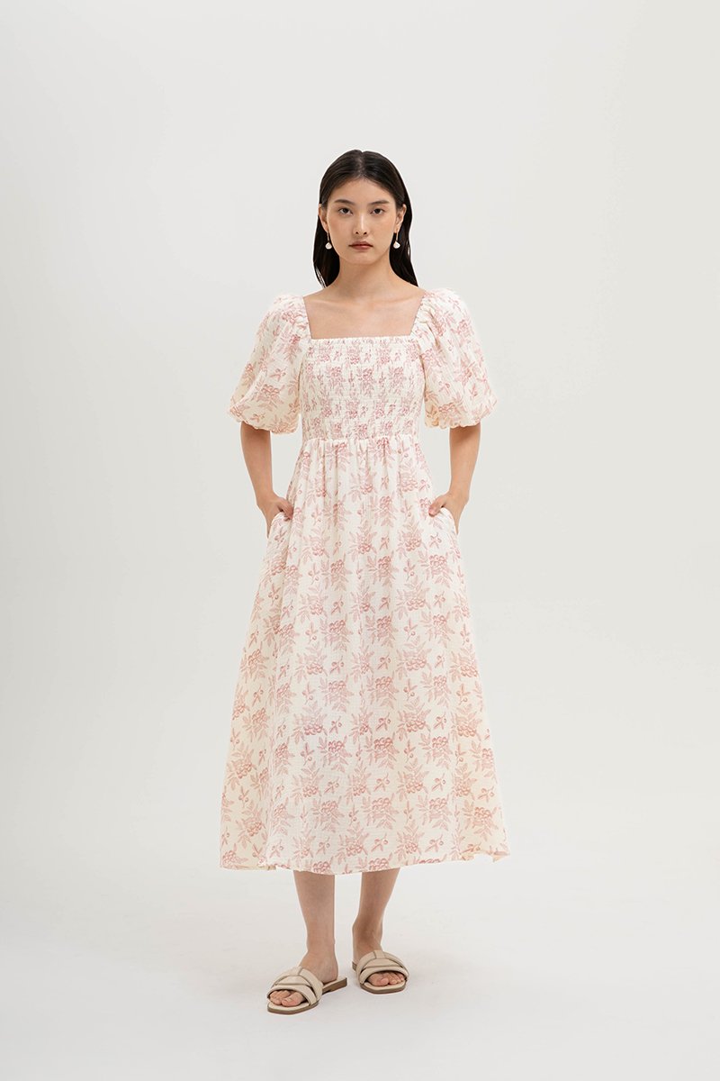 HARVEST PUFF SLEEVE SMOCKED MIDI DRESS