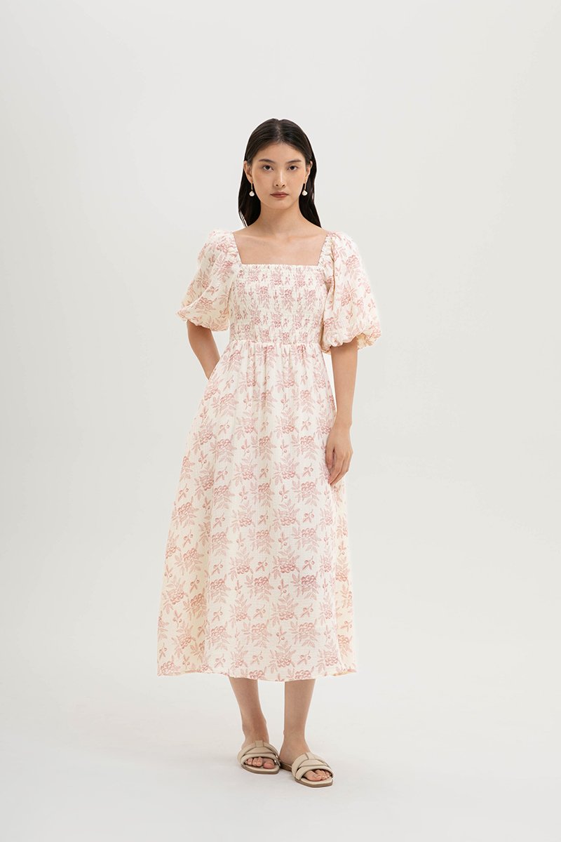 HARVEST PUFF SLEEVE SMOCKED MIDI DRESS
