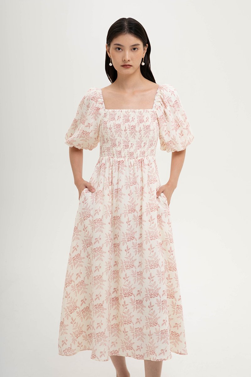 HARVEST PUFF SLEEVE SMOCKED MIDI DRESS