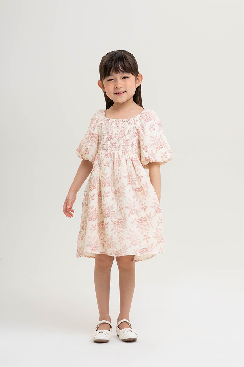 KIDS HARVEST PUFF SLEEVE SMOCKED DRESS