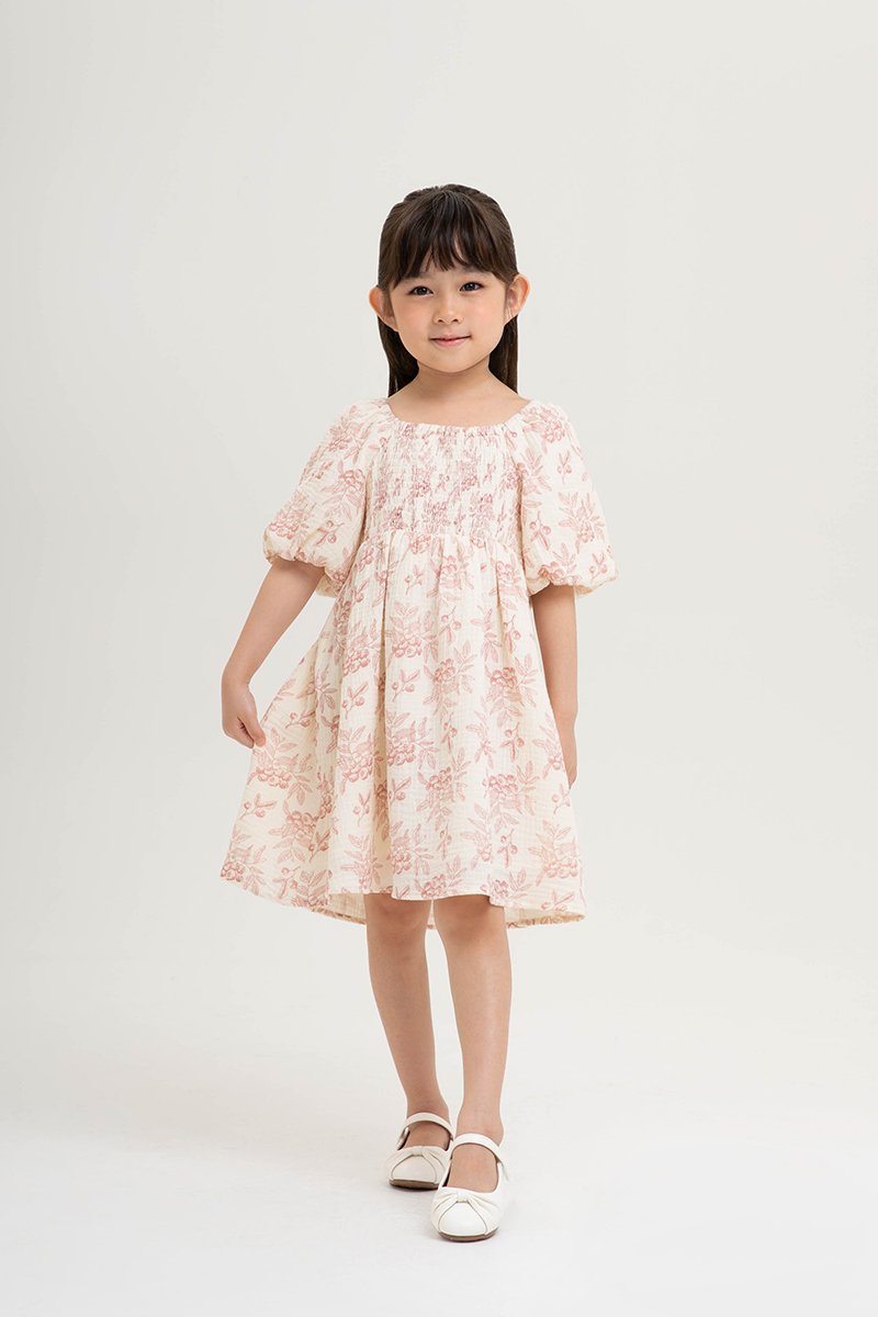 KIDS HARVEST PUFF SLEEVE SMOCKED DRESS