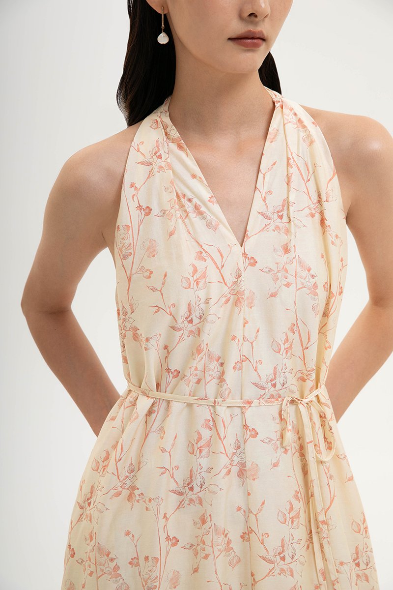 AKARI FLORAL PRINTED HALTER MIDI DRESS W SASH