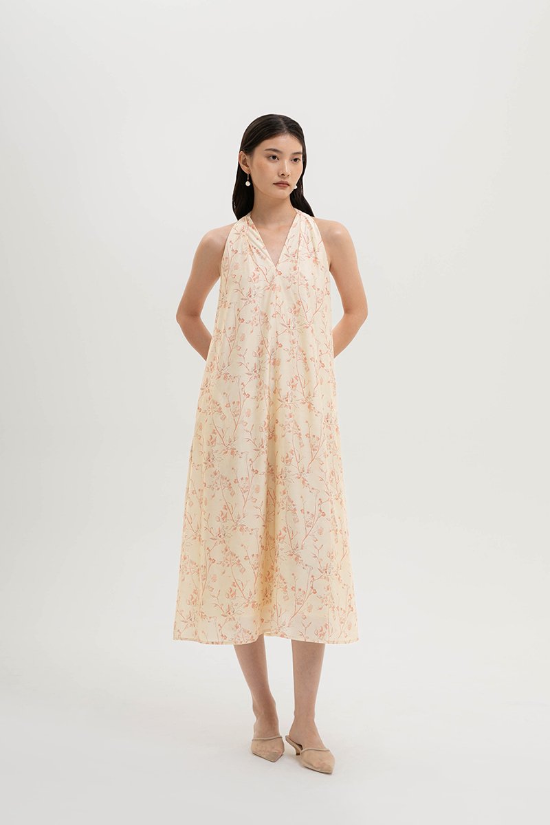 AKARI FLORAL PRINTED HALTER MIDI DRESS W SASH