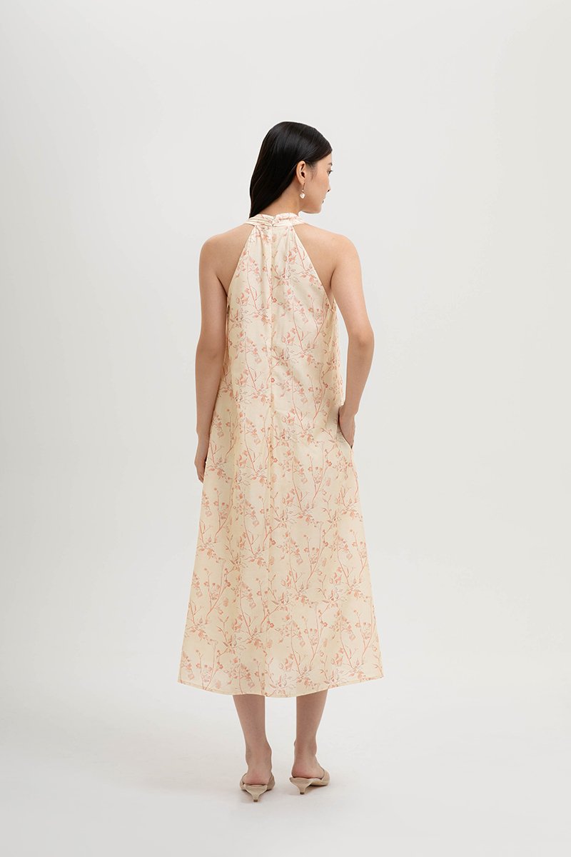 AKARI FLORAL PRINTED HALTER MIDI DRESS W SASH