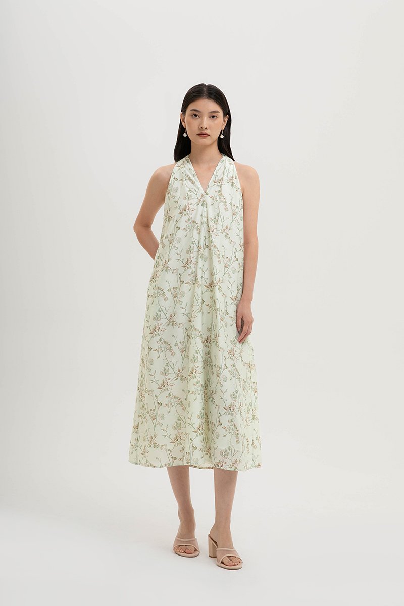 AKARI FLORAL PRINTED HALTER MIDI DRESS W SASH