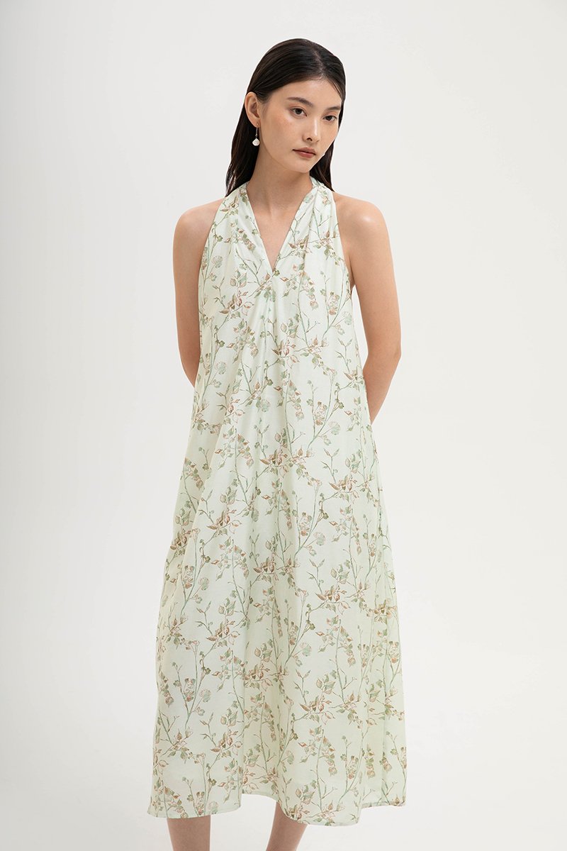 AKARI FLORAL PRINTED HALTER MIDI DRESS W SASH