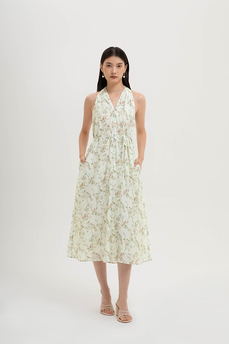 AKARI FLORAL PRINTED HALTER MIDI DRESS W SASH