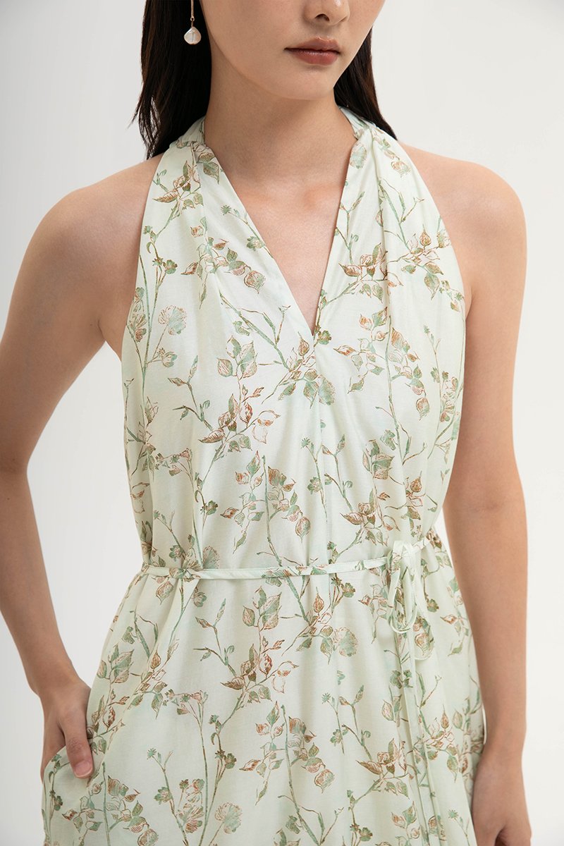 AKARI FLORAL PRINTED HALTER MIDI DRESS W SASH