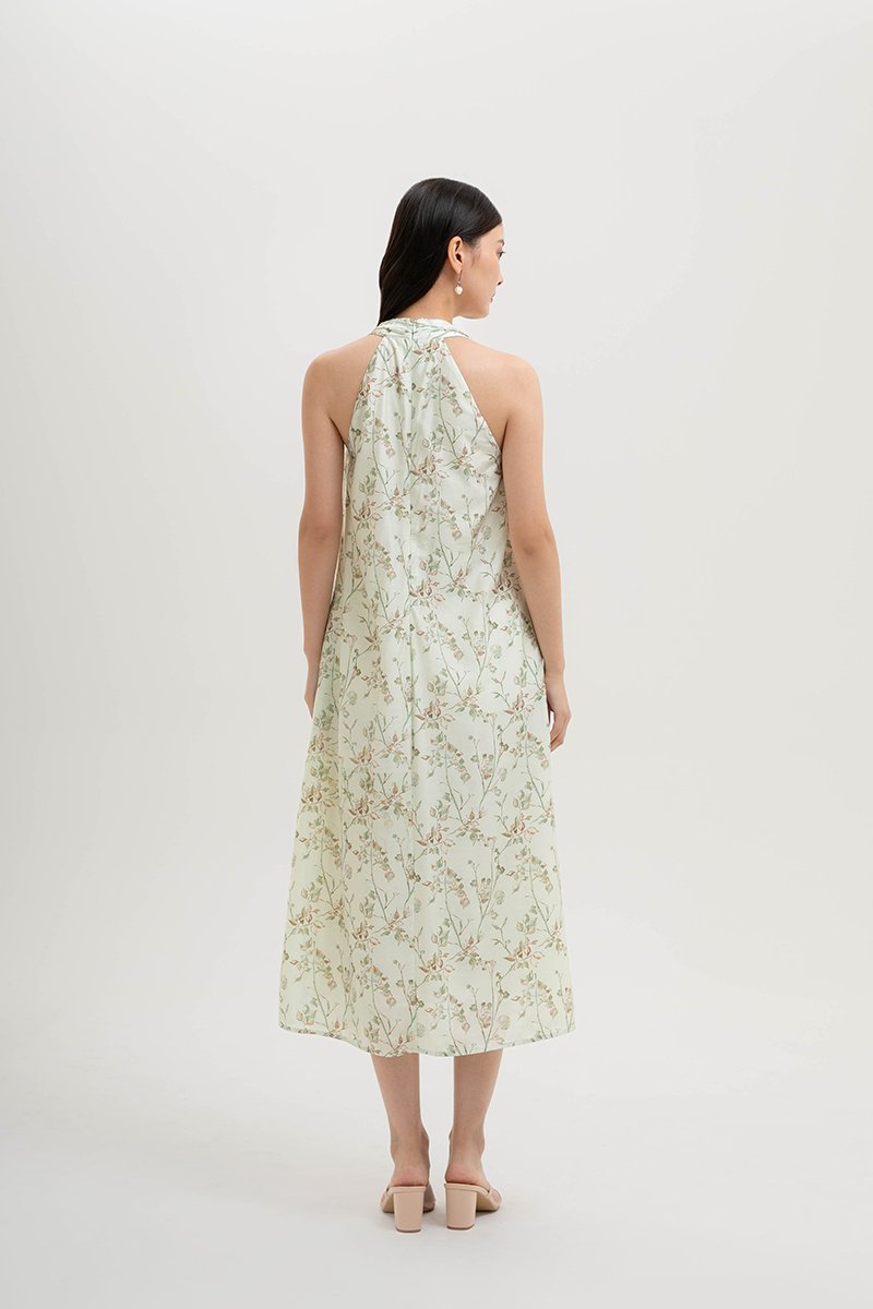 AKARI FLORAL PRINTED HALTER MIDI DRESS W SASH