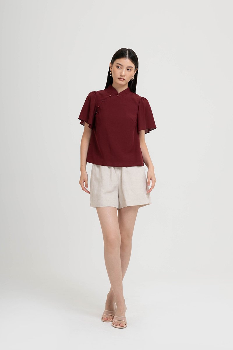 NILA FLUTTER SLEEVES CHEONGSAM TOP