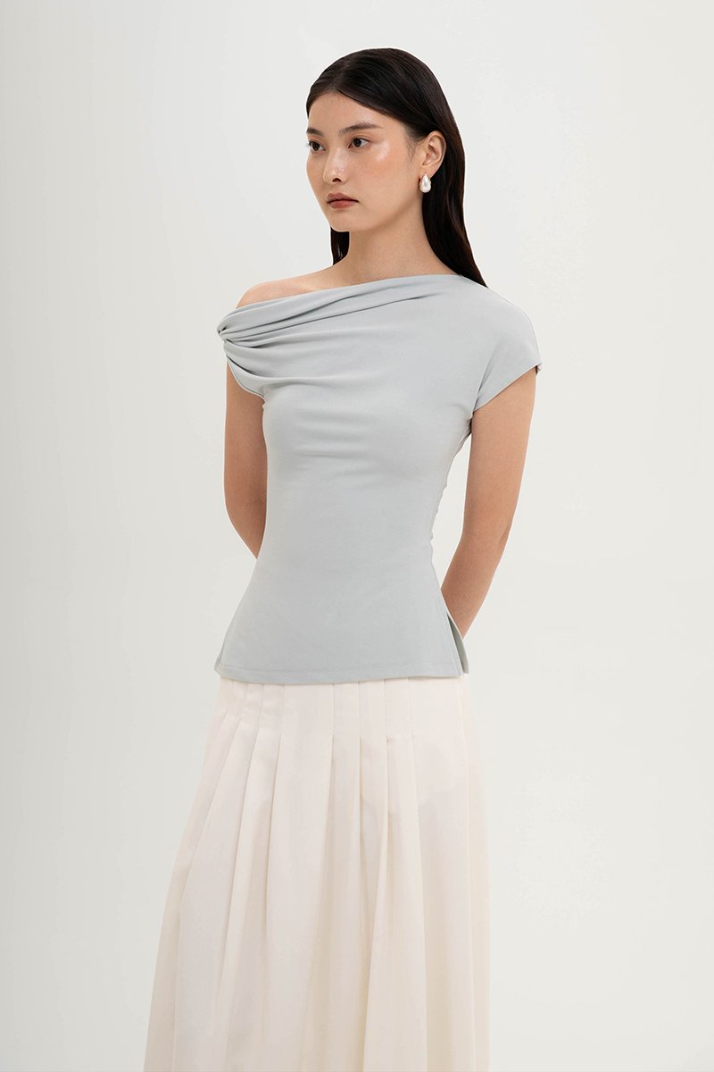 VIKKI ASYMMETRIC TWIST OFF SHOULDER TOP