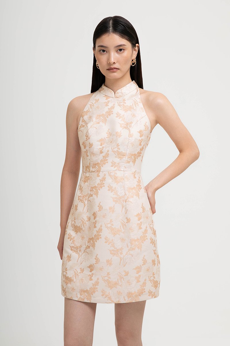 KYORI FLORAL JACQUARD HALTER MINI DRESS