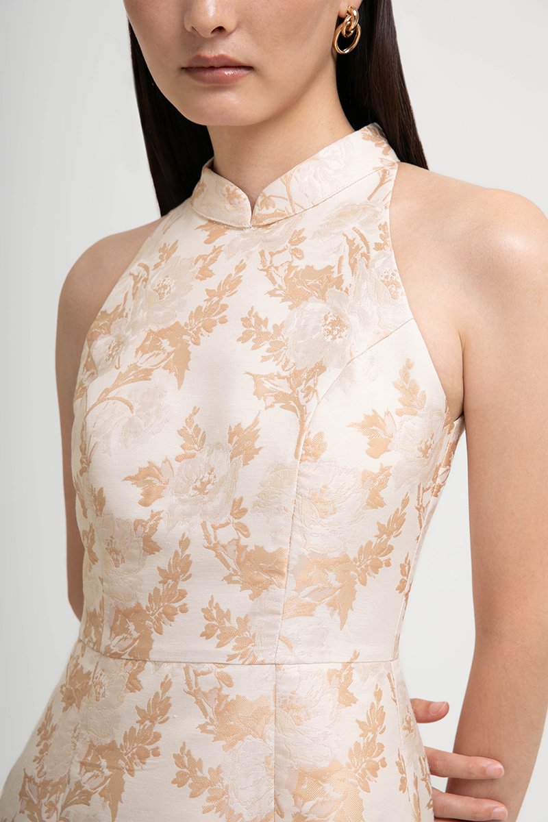 KYORI FLORAL JACQUARD HALTER MINI DRESS