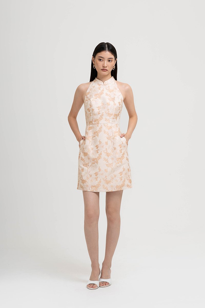 KYORI FLORAL JACQUARD HALTER MINI DRESS