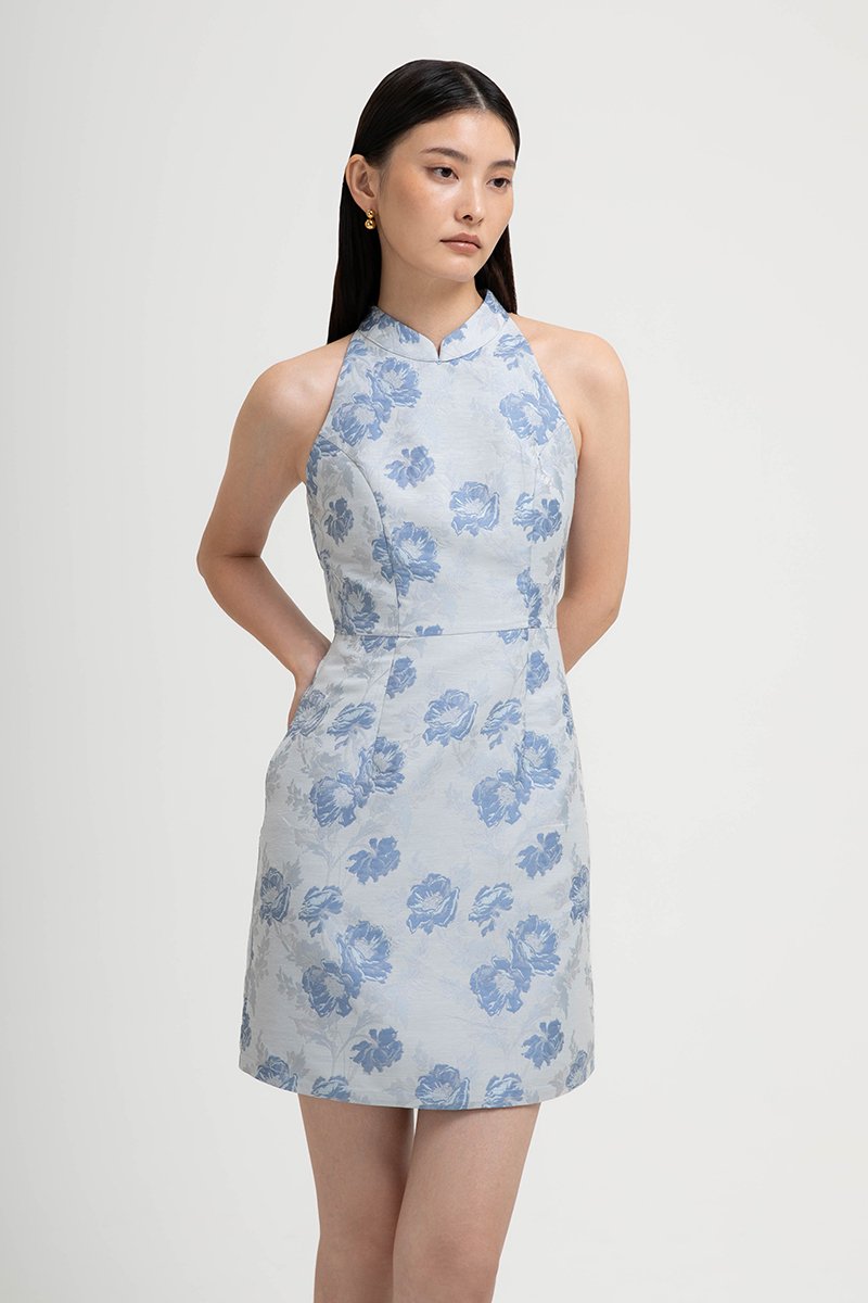 KYORI FLORAL JACQUARD HALTER MINI DRESS