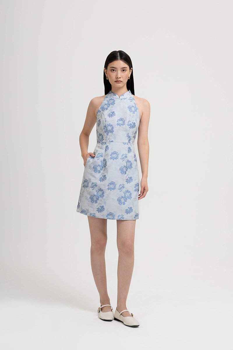 KYORI FLORAL JACQUARD HALTER MINI DRESS