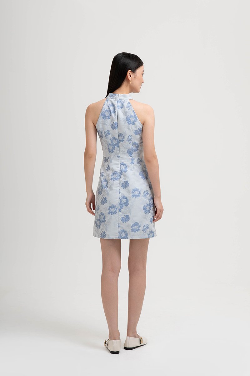KYORI FLORAL JACQUARD HALTER MINI DRESS