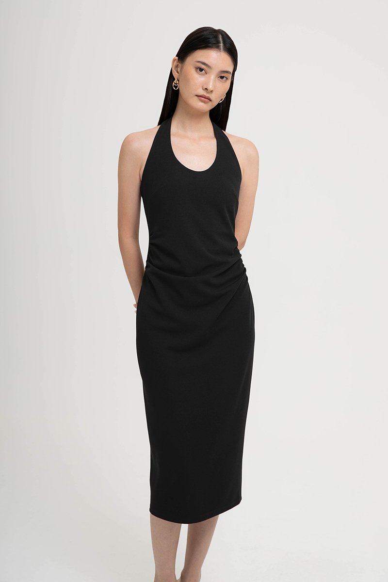 MARIANNA HALTER NECK RUCHED MIDI DRESS