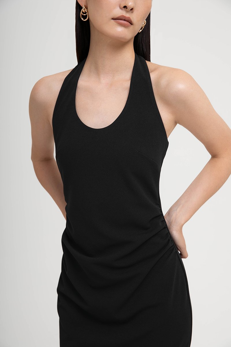 MARIANNA HALTER NECK RUCHED MIDI DRESS