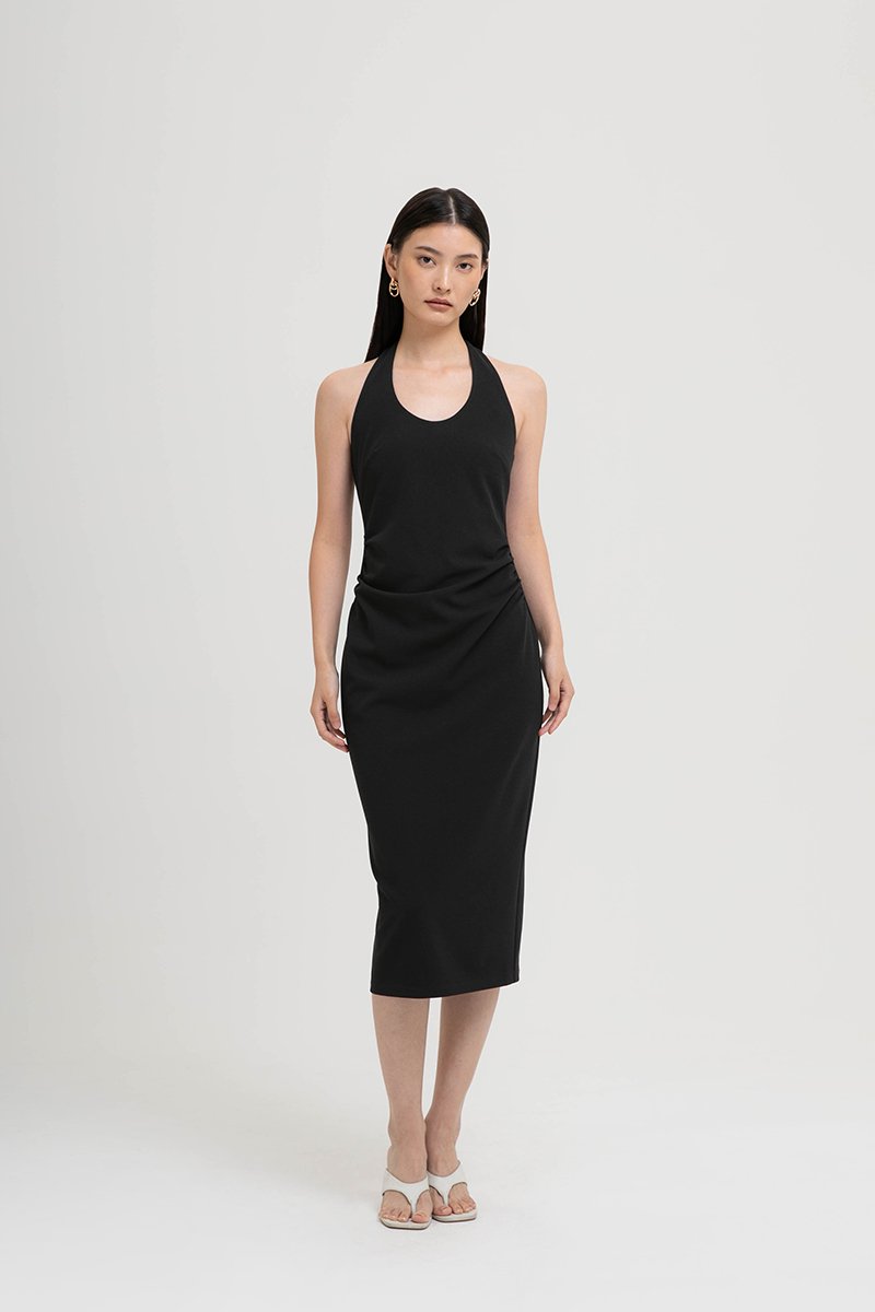 MARIANNA HALTER NECK RUCHED MIDI DRESS