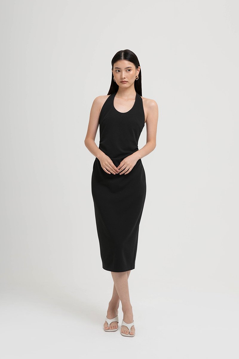 MARIANNA HALTER NECK RUCHED MIDI DRESS