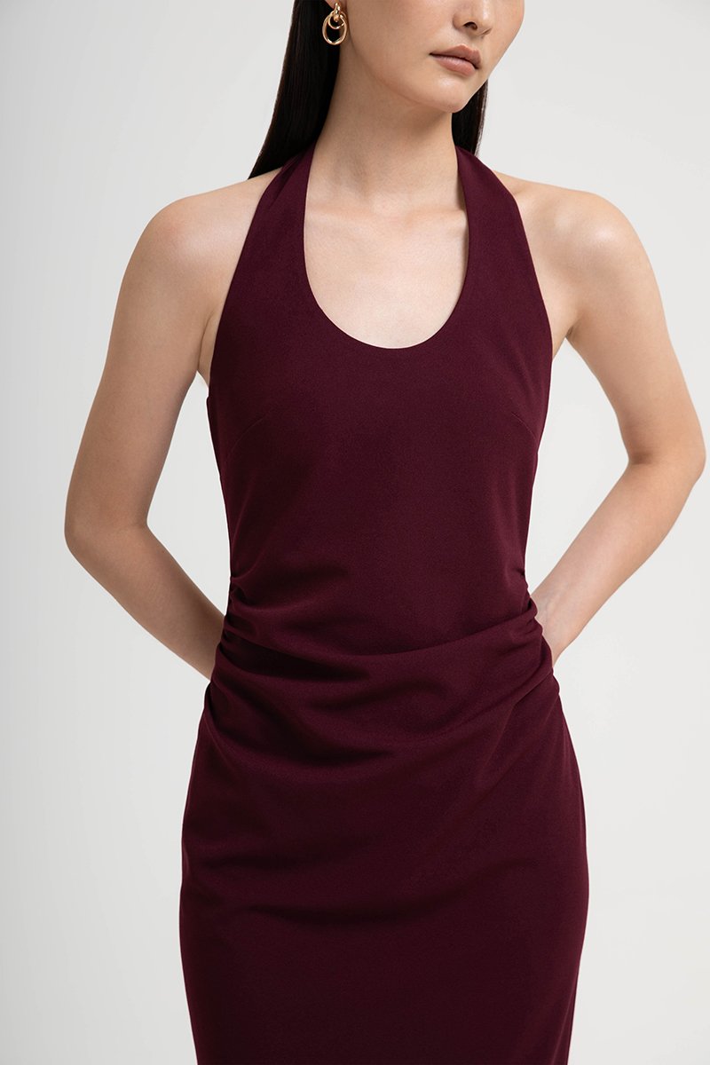 MARIANNA HALTER NECK RUCHED MIDI DRESS