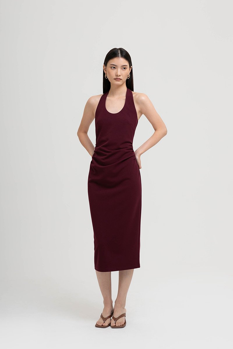 MARIANNA HALTER NECK RUCHED MIDI DRESS