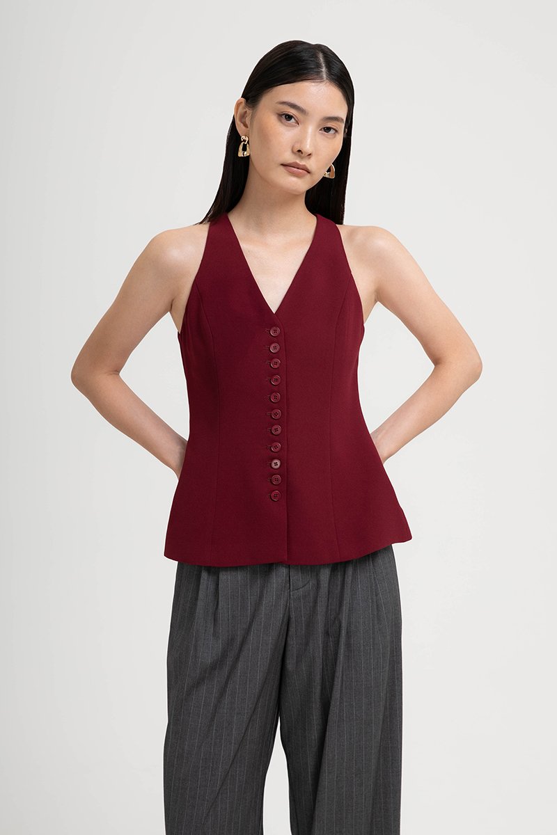 TRACEY RACER NECK BUTTON DOWN VEST TOP