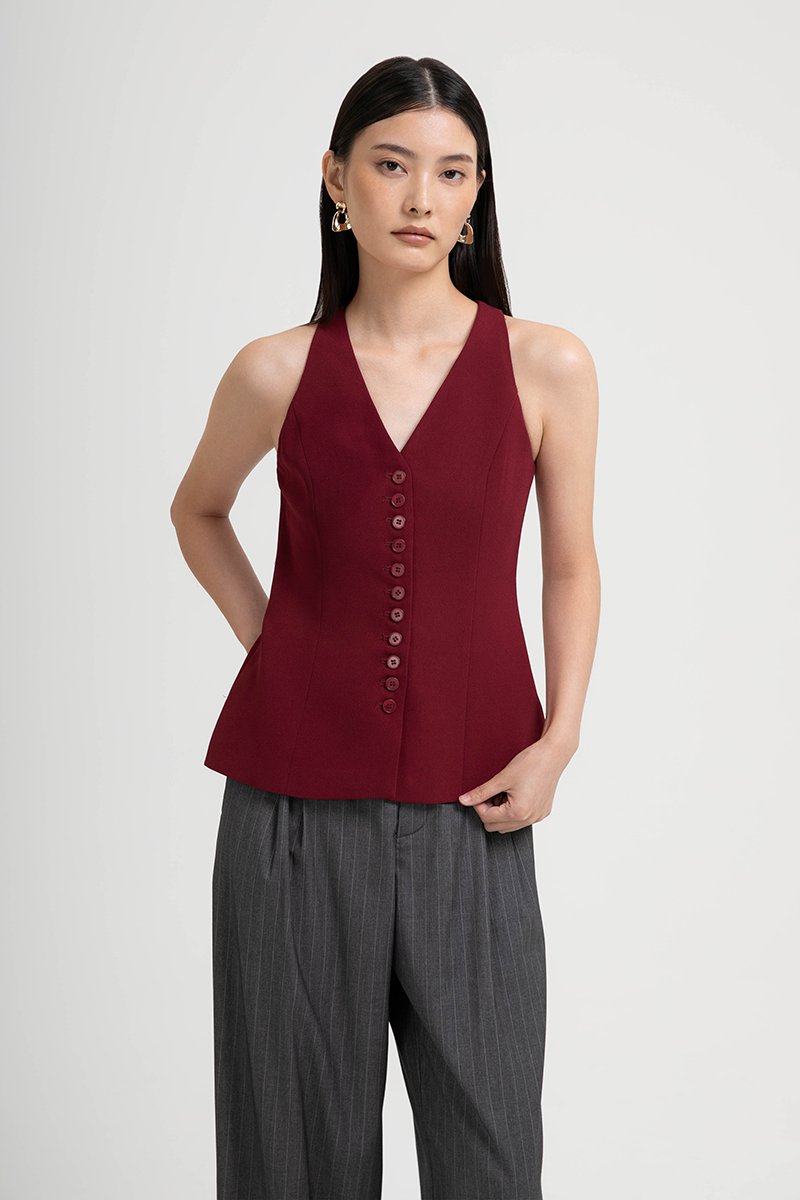 TRACEY RACER NECK BUTTON DOWN VEST TOP