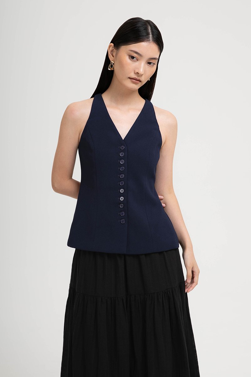 TRACEY RACER NECK BUTTON DOWN VEST TOP