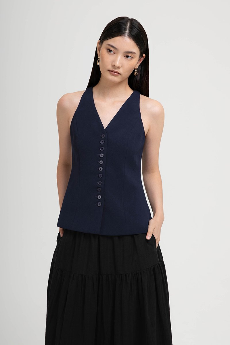 TRACEY RACER NECK BUTTON DOWN VEST TOP