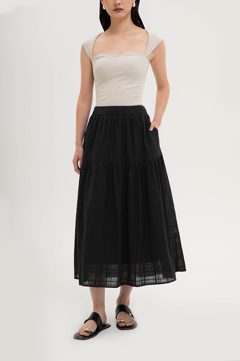 AVERYN RUCHED TIERED CHECKERED MIDI SKIRT